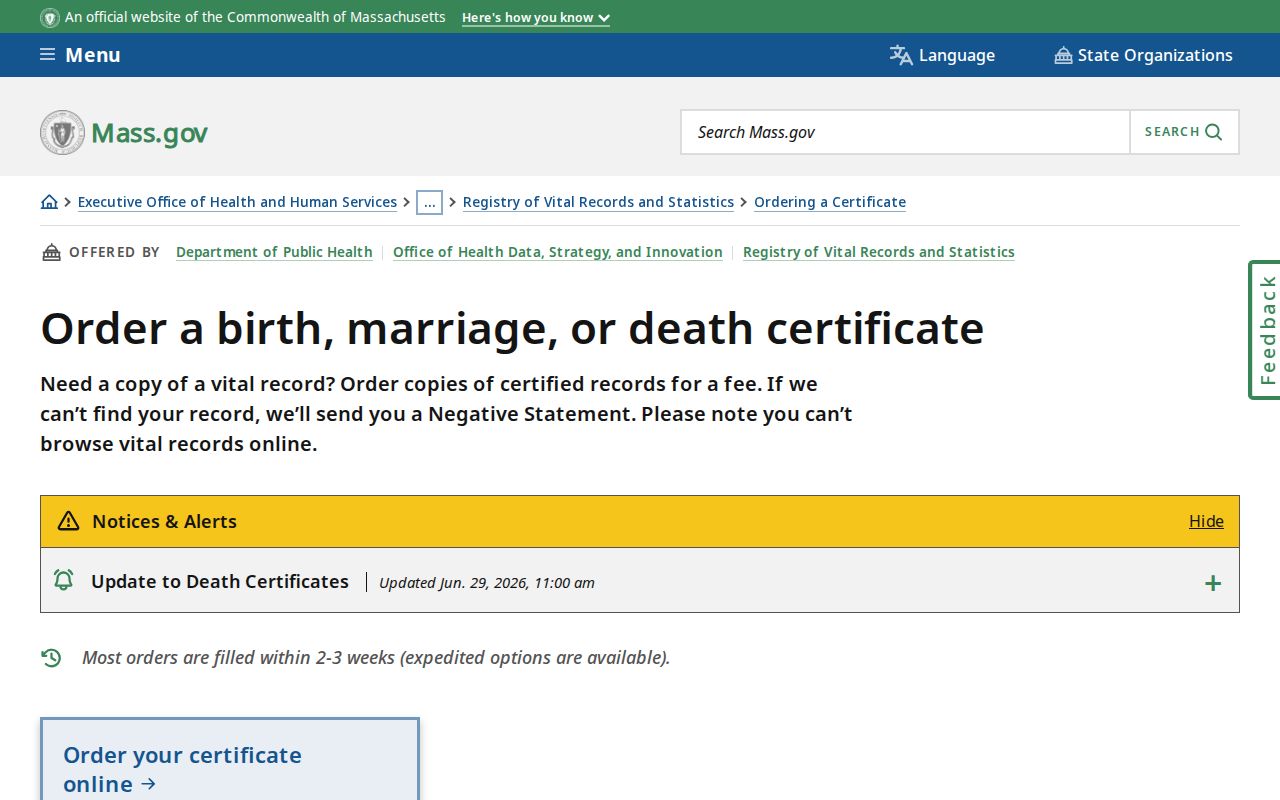 Pittsfield resident lookup Massachusetts vital record ordering options