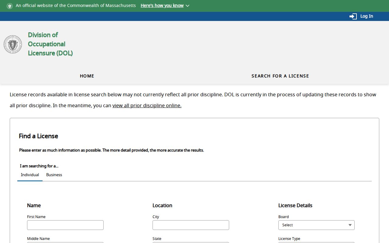 Pittsfield resident lookup eLIPSE license search