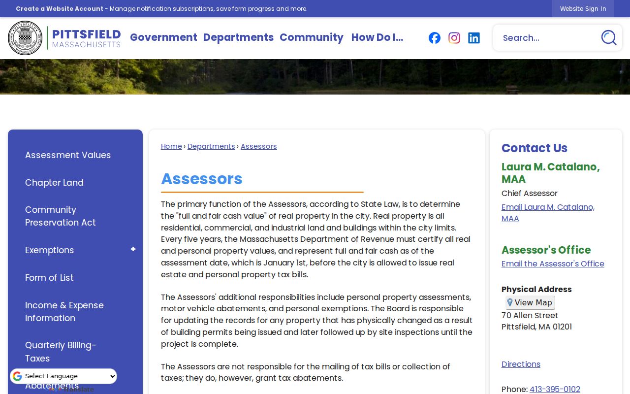 Pittsfield residents directory property-record route at the City Assessors