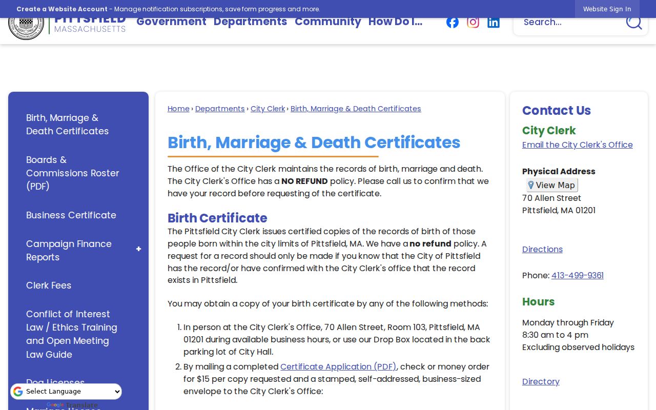 Pittsfield residents directory local vital-record certificate request