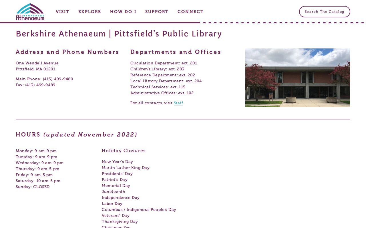 Pittsfield city directory library visit hours and location